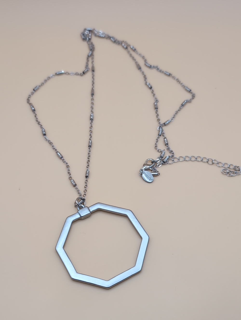 Chico's Long Geometric Octagon Pendant Necklace in Gunmetal Finish NWOT